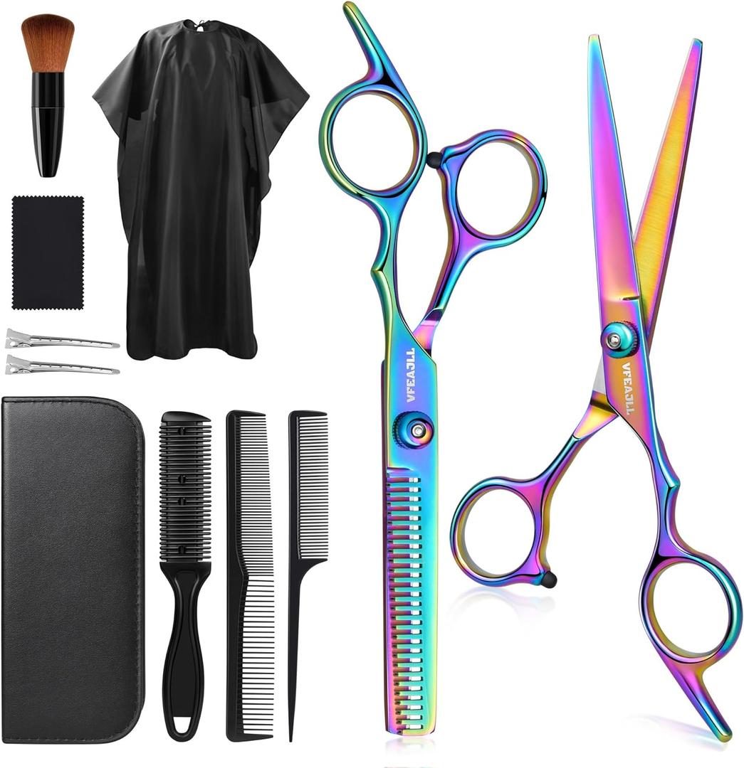 Hair Cutting Scissors Kits,11Pcs Professional Haircut Scissors Kit with Comb,Clips,Cape,New Craftsmanship Stainless Steel Hairdressing Thinning Shears Set for Barber,Salon,Home,Men,Women (Multicolour01)