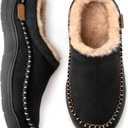 Zigzagger Men's Slip On Moccasin Slippers, Indoor/Outdoor Warm Fuzzy Comfy House Shoes, Fluffy Wide Loafer Slippers (13-14, Black)