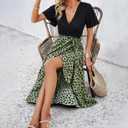 Sundresses for Women, V-Neck Short Sleeve Casual Boho Floral Dress, Ruffle Hem Split with Belt for Beach (Medium, Green)