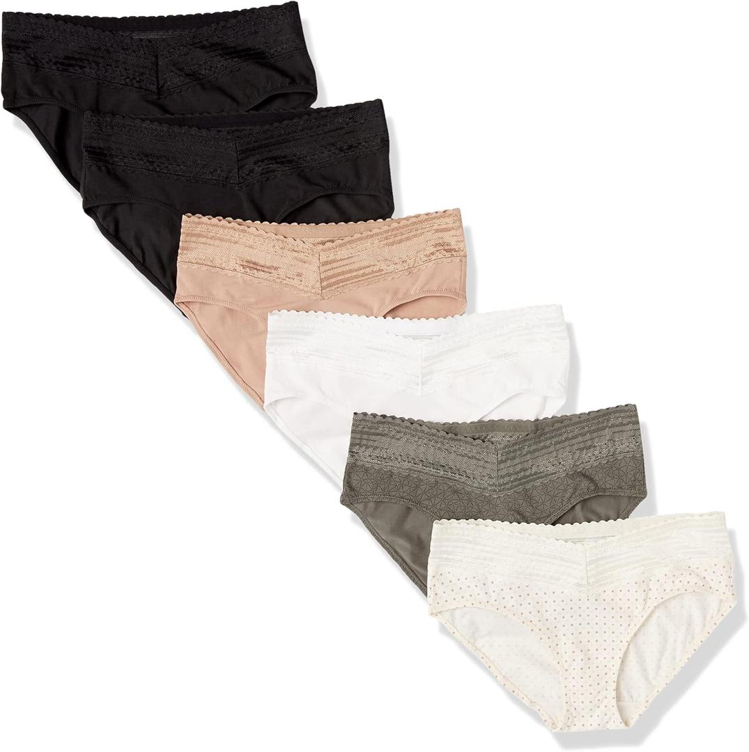 Warner's Women's Blissful Benefits Dig-Free Comfort Waist with Lace Cotton Hipster 6-Pack Ru2266w (Large, Toasted Almond/Black/ White/Bodytone Polda Dot/Stone Crystal Web/ Black)
