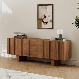 Mid Century Modern TV Stand with Storage, 71" Brown Wood Entertainment Center, TV Console with Wood Support Legs, Farmhouse Media Console for Living Room Bedroom Office