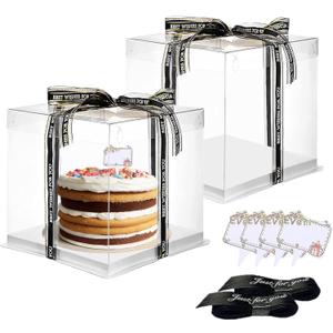 Clear Cake Box, 2 Pcs Transparent Cake Carrier Box with Lids, 8'' PET Cake Packaging Boxes with Ribbon Gift Card for Pastries, Clear Gift Boxes for Birthday, Wedding and Festival Party, White