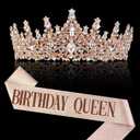 Rose Gold Crown for Women Birthday Queen Sash & Rhinestone Tiara Set Birthday Decoration Rhinestone Headband Glitter Crystal Hair Accessories for Party(Rose Gold2&Sash)