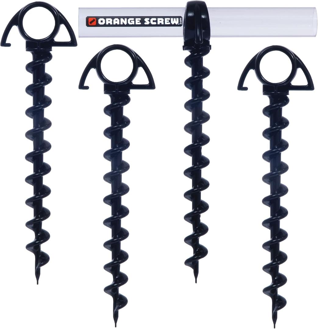 Orange Screw Ultimate Ground Anchors: Heavy Duty Screw-in Tent Stakes for High Wind, Sand, Canopies, and Camping - Made in USA, 100% Recycled, Included T-Grip Tool - (Small, 4 Pack) (Black)