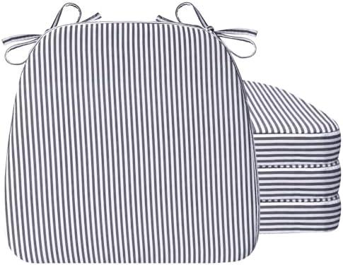 AAAAAcessories D-Shaped Chair Cushions, 2" Thick Dining Chair Pads with Ties and Removable, Machine-Washable Cover, 17" x 16", Set of 4, Pinstripe Black