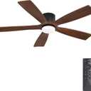 WINGBO 54" Flush Mount DC Ceiling Fans with Dimmable Light, 5 Carved Solid Wood Blade, 3CCT, 6-Speed Reversible DC Motor, Low Profile Hugger Ceiling Fan for Living Room Bedroom Patio, Black and Walnut