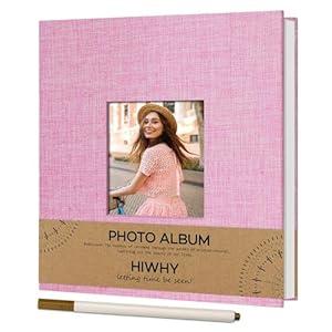 Hiwhy Photo Album Self Adhesive for 4x6 2x3 Picture book, Linen Small Scrapbook Photo Album Book DIY Scrap Book with Picture Display Window with A Metallic Pen (20 Sheets/ 40 Pages, Pink）