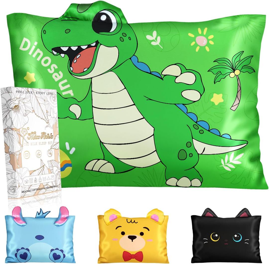 Miss Adola Kids Pillowcases Queen Size 20"x30" - Cute Cartoon Soft Breathable Silk Pillow Cases for Hair and Skin with Hidden Zipper for Girls Fun Kawaii Design for Bedding, Green Dinosaur