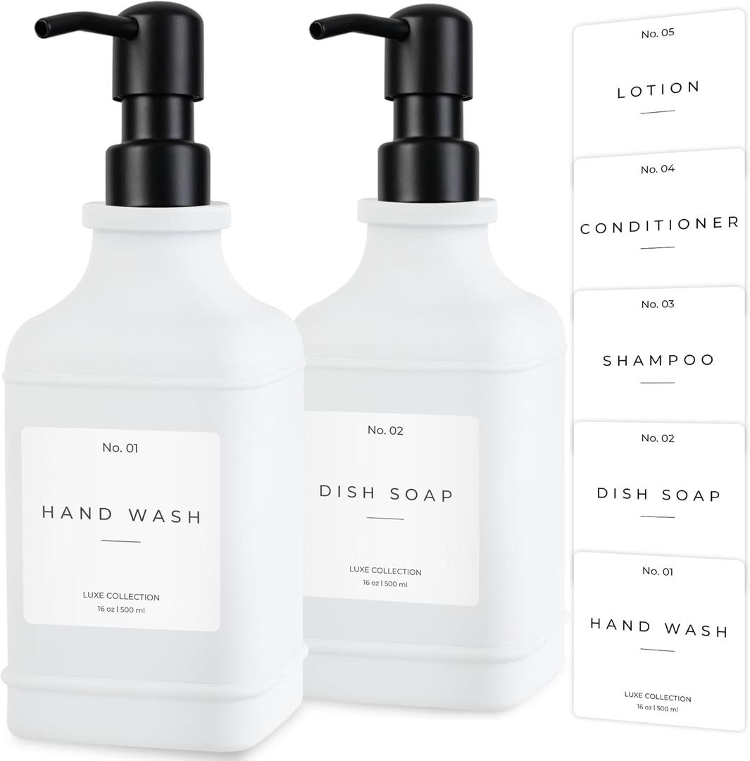 Emerson Essentials Glass Soap Dispenser Set 16 oz 2-Pack Refillable Dish & Hand Soap Dispensers for Kitchen or Bathroom Stainless Steel Pump & Waterproof Labels Included