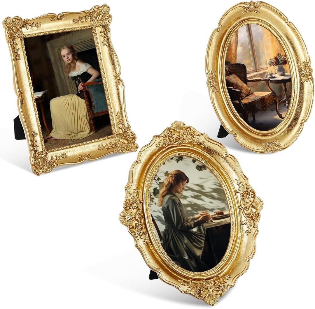 Briwooody 3 Pcs Gold Vintage Picture Frame Set Antique Oval Picture Frames 4x6, 5x7 Inch Baroque Photo Ornate Frames with Glass Gift for Tabletop Hanging Wall Art Wedding Home(Retro Style)