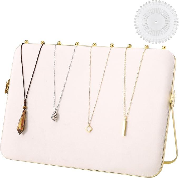 14 x 10 inches Velvet Necklace Display Stands for Selling, Large Metal Necklace Organizer Holder Stand Chain Jewelry Display Stand (Beige, 1 Pack)