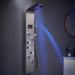 ROVATE 6-in-1 LED Rainfall Waterfall Shower Panel Tower System with 2-Mode Powerful Body Jets, Multi-function Stainless Steel Shower Tower Rain Massage System with Handheld and Tub Spout,(Brushed)