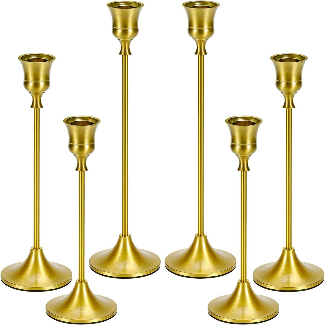 Candle Holder Gold Taper Candlestick Holders - Table Dcor Brass Golden Pillar Candle Sticks Holder Set of 6, Antique Fireplace Decor Tapered Bulk Candelabra for Wedding, Christmas