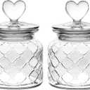 WHJY Set of 2 Airtight Glass Jars Decorative Jars, 22oz Jar of Hearts Cute Cookie Jar Decorative Jars with Lids Candy Jars for Candy Buffet Heart Shaped Lid (Grid Textured)
