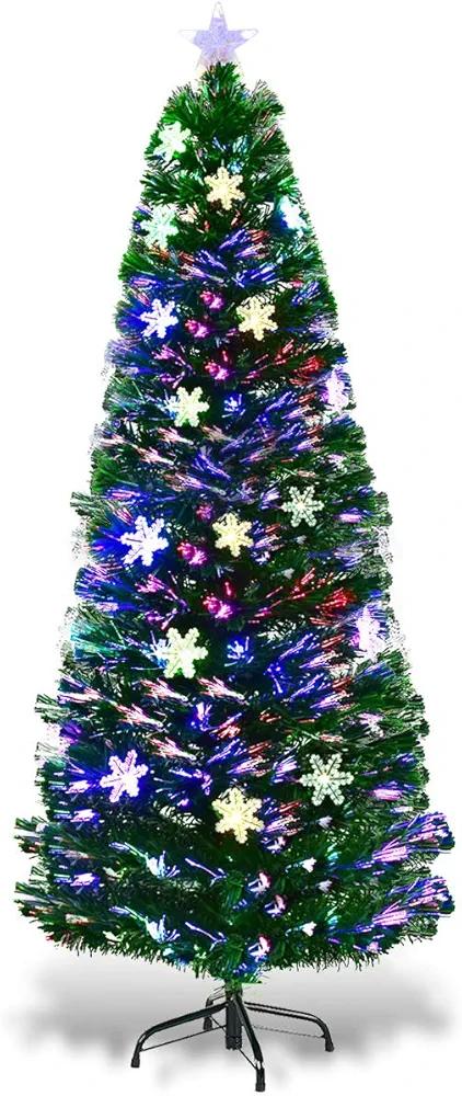 Goplus 6ft Fiber Optic Artificial Christmas Tree, Pre-Lit Xmas Tree with Colorful Snowflake LED Lights, 220 Branch Tips, Foldable Metal Base, for Holiday, Office, Home Decor