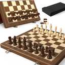 Premium Natural Walnut 15" Magnetic Wooden Folding Chess & Checkers Set- 2 in 1 Board Game with 3" King Staunton Pieces and 2 Extra Queens, Checkers, and Dust-Proof Storage Bag (Red)