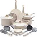 GreenLife 16 Piece Nonstick Cookware Set, Soft Grip Non-Toxic PFAS-Free Ceramic Pots & Pans, Dishwasher & Oven Safe, Frying, Sauce, Saute, Utensils, Glass Lids, Stay-Cool Handles, Wobble Free, Taupe
