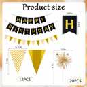 Black Gold Happy Birthday Banner - 20PCS Gold Fireworks Shape Cupcake Decoration Sparkling Party Decoration for Children or Adults Birthday Party Or Celebration