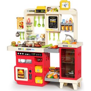 Pupu Pig Kids Kitchen Playset, Play Kitchen with Stove, Grill, Sink, Play Food, ToyKitchen Accessories, Cooking Kitchen with Lights Sound Steam, Pretend Play Toys for Kids Toddler Birthday Gifts