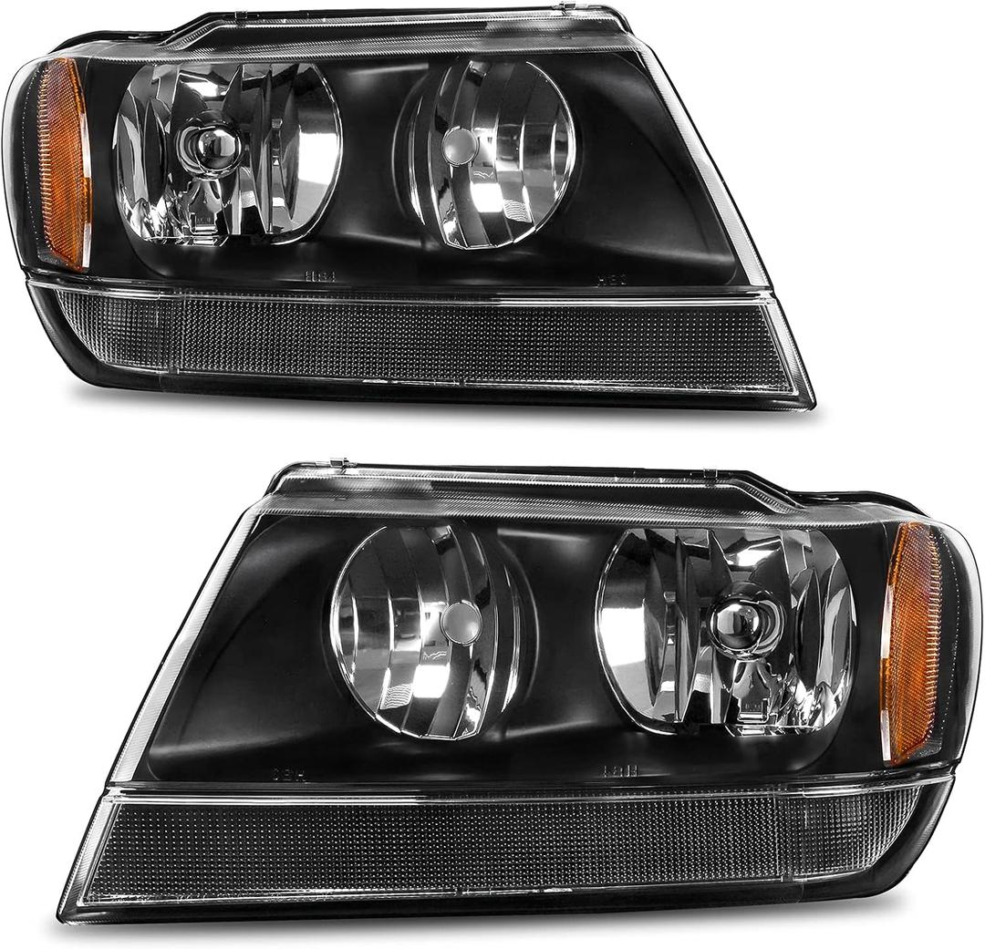 AUTOSAVER88 Headlights Assembly Compatible with 1999-2004 Grand Cherokee Replacement Black Headlight Housing Amber Reflector Pair Set