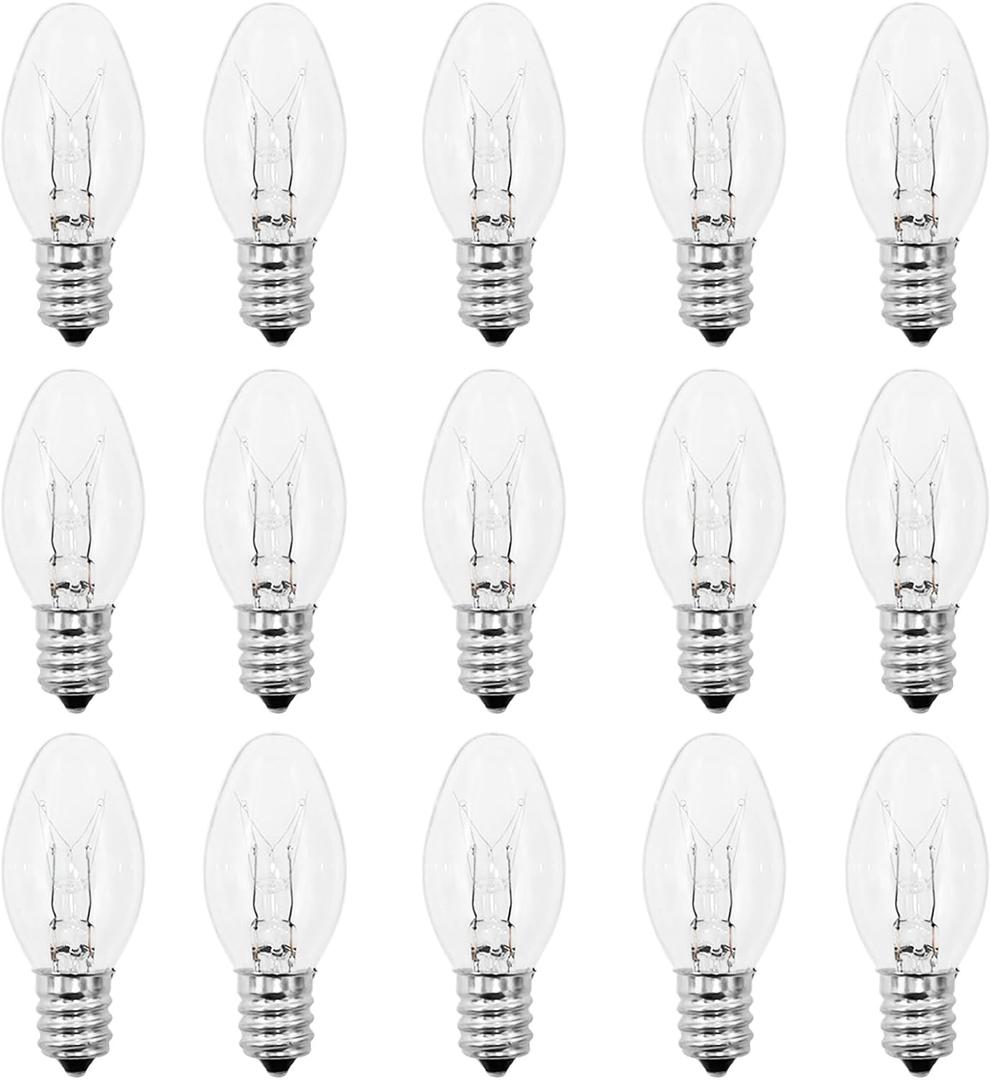 Night Light Bulbs 7 Watt Clear Light Bulbs for Night Lights,Window Candles,Decorative Candle Light Bulbs- E12 Base C7 Replacement Bulbs - 7 Watt Warm White Small Light Bulb - Dimmable - 15 Packs