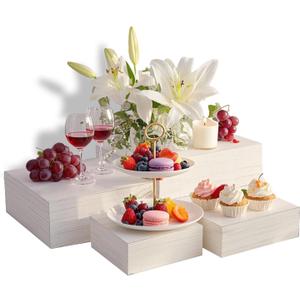 4 Pcs Buffet Risers, Wood Food Riser Dessert Display Stand for Party Wood Cupcake Stands Nesting Box for Display (Vinatge) (Vintage White)
