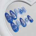 MISUD Press on Nails - Medium Almond Glue on Nails with Summer Blue, Acrylic Flower Butterfly Design 24 pcs