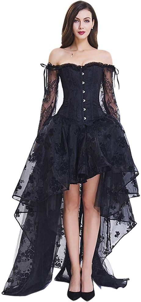 Kimring Women's Steampunk Victorian Off Shoulder Corset Top with High Low Skirt (Large, Black)