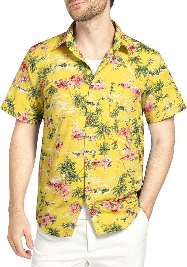 SSLR Pack Hawaiian Shirt for Men Flamingo Short Sleeve Casual Button Down Shirts Summer Beach Shirt (Yellow, L)