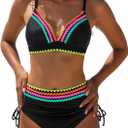 popvil High Waisted Bikini Sets for Women Tummy Control Swimsuits Two Piece Neon V Neck Drawstring Bathing Suits 2026 (Black, L)