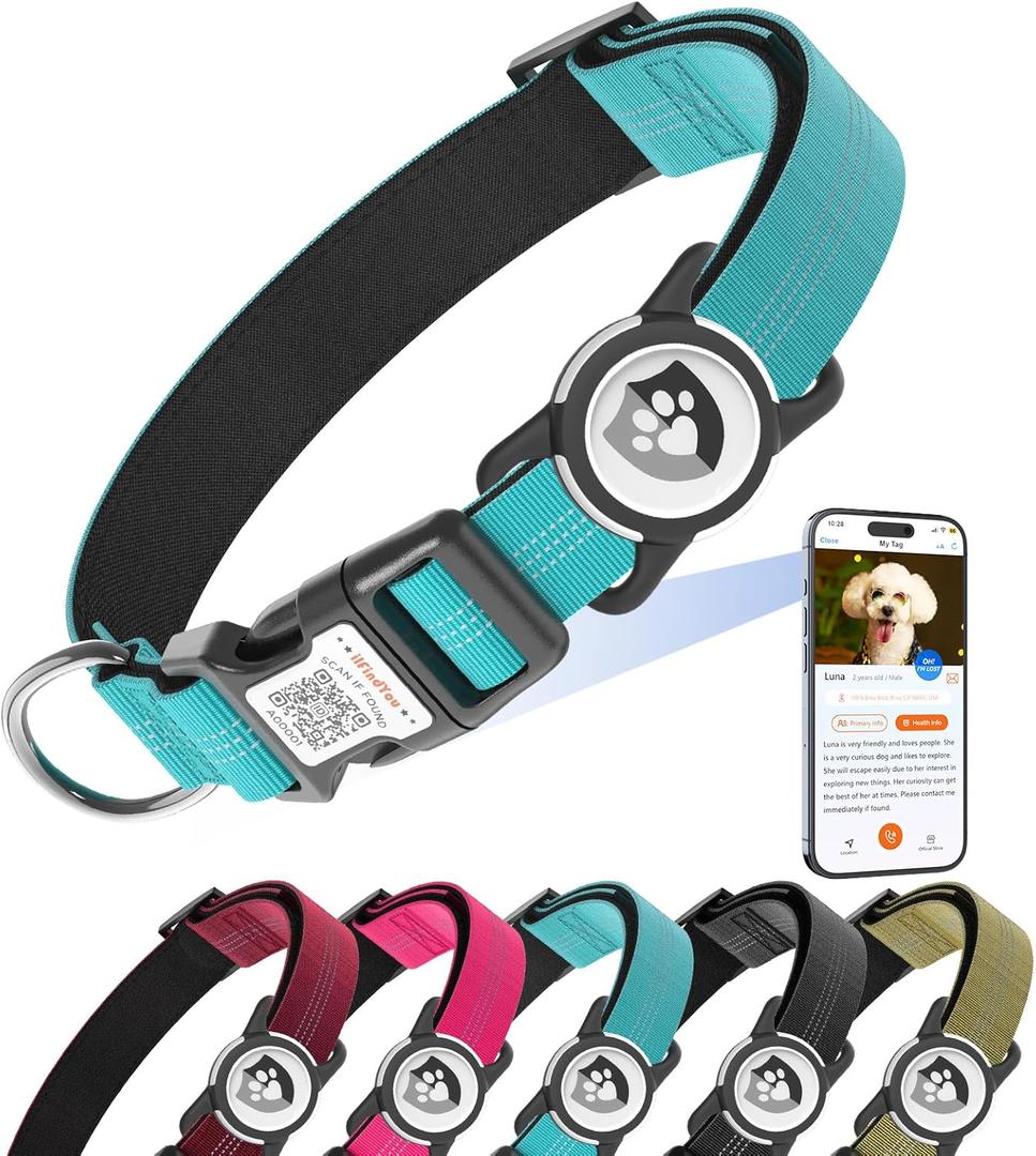 Reflective Dog Collar with AirTag Holder for Large Dogs Soft Nylon Blue Sized L