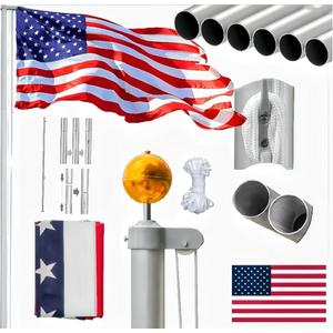 VINGLI Upgraded 20FT Sectional Aluminum Flagpole, Thick Tube Halyard Flag Pole,Kit Free 27~33mph 3'x5' USA American Flag Golden Ball Top Halyard Rope PVC Sleeve,Outdoor Residential Garden Gazebo