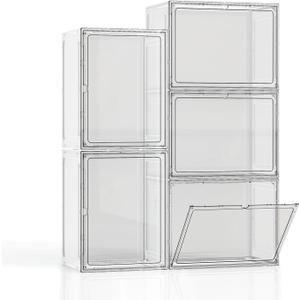 5 Pack Stackable Storage Bins with Lids, White Plastic Storage Container with Clear Lids, Clear Display Case with Magnetic Door for Purse, Handbag, Figure, Collectibles, Doll, Bag, 14.2"x8.66x10.6"