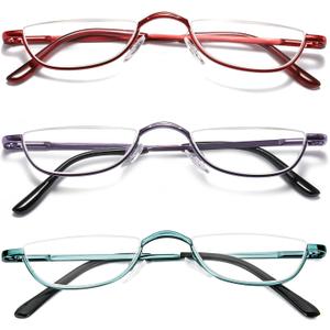 DXYXYO Half Moon Reading Glasses for Women Men Small Semi Frame Metal Spring Hinge Readers