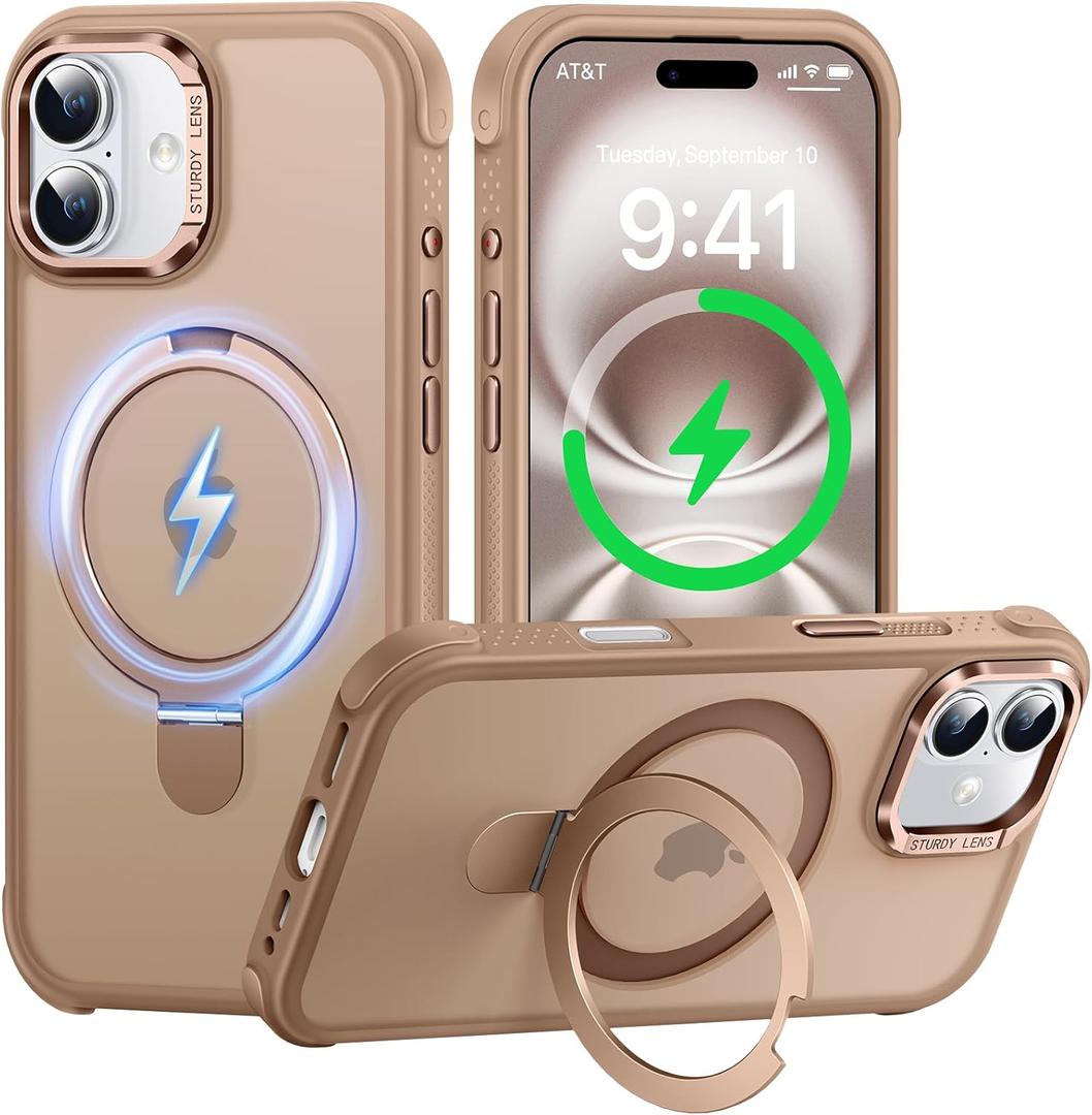 Case for iPhone 16, with Invisible Magnetic Stand, Mil-Grade Drop Protection, Non-Slip, Anti Fingerprint Anti Scratch, Shockproof Matte Phone Case (Brown)