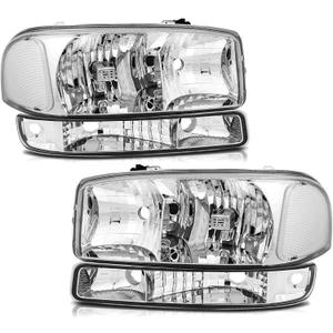 APSVE Headlight Assembly for 1999-2006 GMC Sierra 1500 2500 3500, 00-06 Yukon XL Headlamp with Bumper Lights, Chrome Housing Clear, Halogen