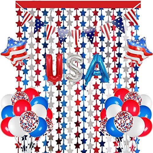 Red White and Blue Balloons Party Decorations with Patriotic Theme Foil Fringe Curtain for Graduation Party Supplies Nautical Veterans Memorial Day 4th of July Balloon Arch Decorations