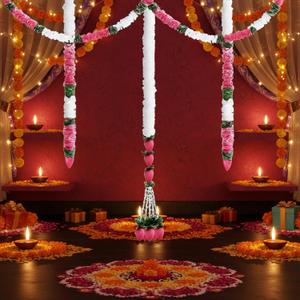 FineCheer 5 Pcs 184 Inch Total Diwali Decorations Artificial Jasmine Garlands Toran with Lotus Buds Traditional Indian Hanging Decoration for Pooja Diwali Wedding Housewarming (Mixed)