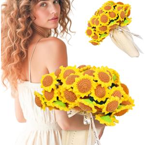 LOKOZ Sunflower Gifts for Women Get Well - Crochet Flowers Bouquet Blanket, Teacher Appreciation Gifts for Mom Sister Her Grandma Wife Birthday Presents Anniversary Home Decor 31 Inches