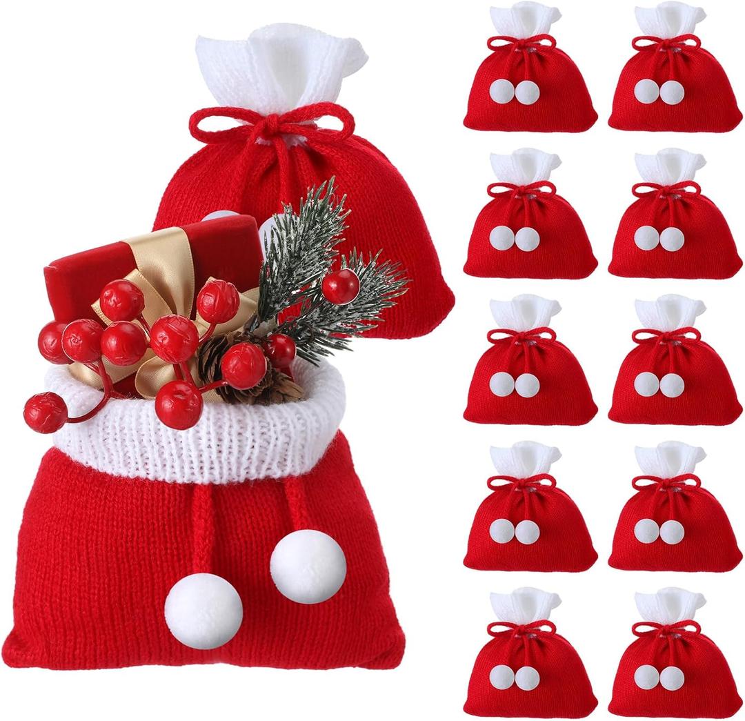 Sweetude 12 Pcs Christmas Knit Santa Bag with Drawstring Small Christmas Red Santa Gift Bags Knitted Presents Drawstring Pouches for Xmas Candy Wedding Supplies, 6.5 x 5.1 Inches