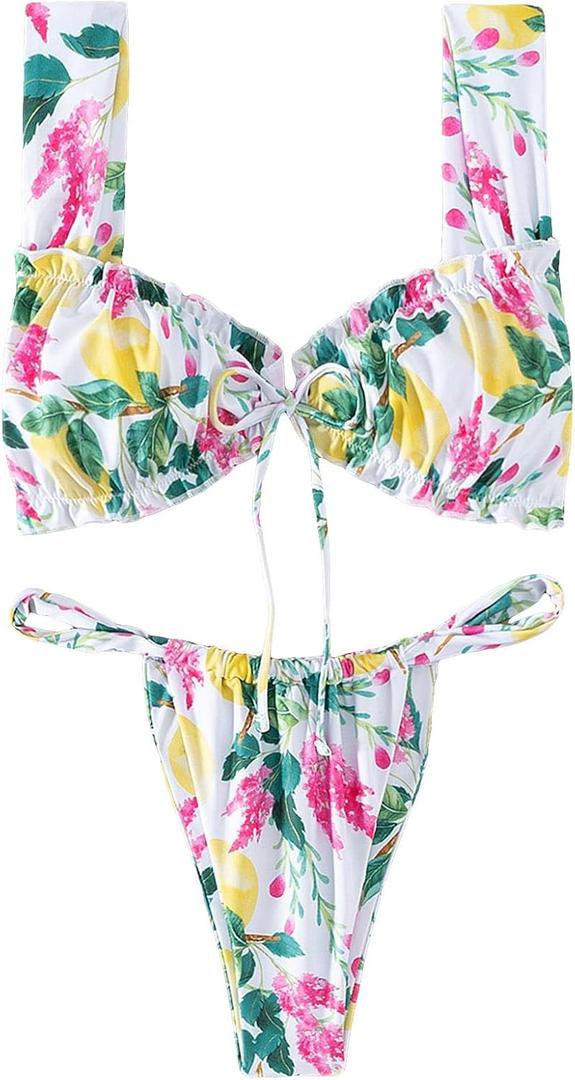 SweatyRocks Women's Floral Print Knot Front Ruffle Bathing Suit Two Piece Bikini Set S