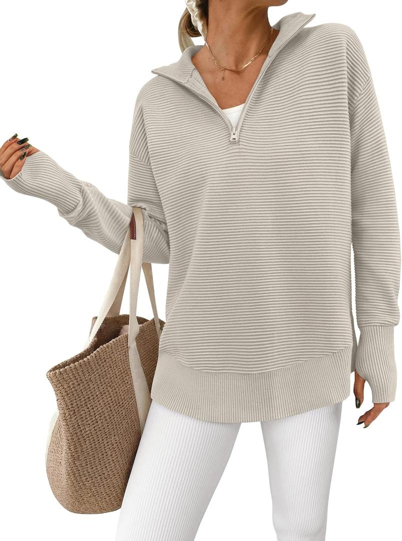 PRETTYGARDEN Womens Long Sleeve Quarter Zip Pullover Sweater Casual Loose V Neck Collared Ribbed Knit Jumper Tops Thumb Hole (Small, Light Grey)