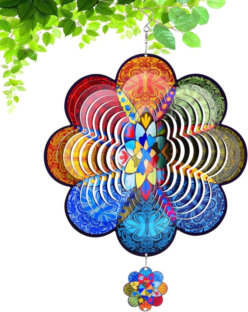 Wind Spinners,12 inch Multi Color Mandala with 360 Swivel Hook for Yard and Garden, Bird Wind Catcher, Metal Wind Spinners Outdoor for Lawn Hanging Crafts Decor Kinetic Yard Art Ornament Gifts (Colorful Rounded Corners)