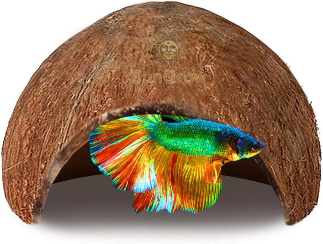 SunGrow Betta Fish Cave, Habitat Made from Coconut Shell, Soft-Textured Smooth Edged Spacious Hideout, for Resting and Breeding, 1 Pc