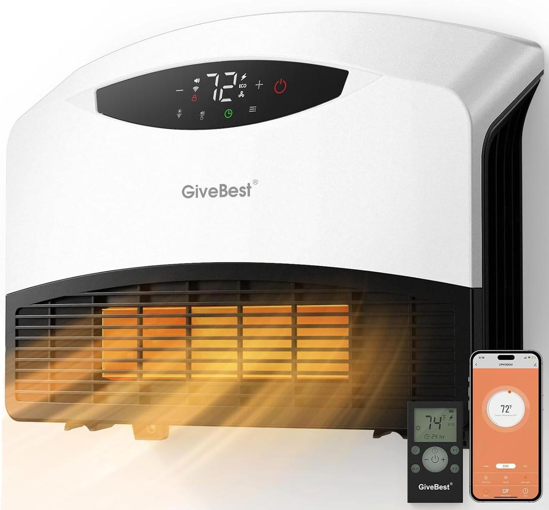 GiveBest Electric Wall Heater with WiFi and Remote Control, Floor or Wall Mounted Heater, Large Room Coverage, 3 Heating Modes, 1500W Fast Heating Space with Thermostat for Indoor Room Use, White