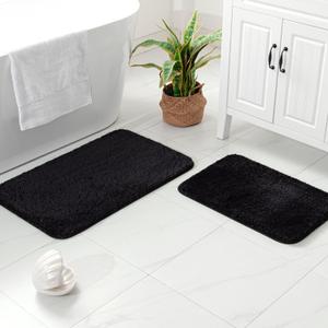 MIULEE Microfiber Bathroom Rugs and Mats Sets 2 Pieces Extra Thick Non Slip Bath Mat Absorbent Soft Shaggy Washable Quick Dry Rug for Bath Room Floor Restroom, 16"x24"+20"x30", Black