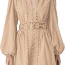 LAI MENG FIVE CATS Women's V-Neck Elegant Lace Long Sleeve Lantern Sleeve Button up Casual Mini Dress, Small