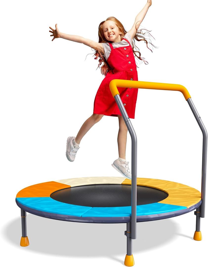 3FT Toddler Trampoline with Adjustable Handlebar, 36" Foldable & Spring-Free, Mini Kids Indoor Outdoor Trampoline for Ages 1-6, Noiseless Jumping Mat, Safe & Sturdy Design, Supports Up to 100 lbs