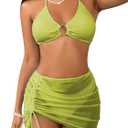 MakeMeChic Women's 3 Piece Bathing Suits Halter Ring Bikini Set with Cover Up Skirts