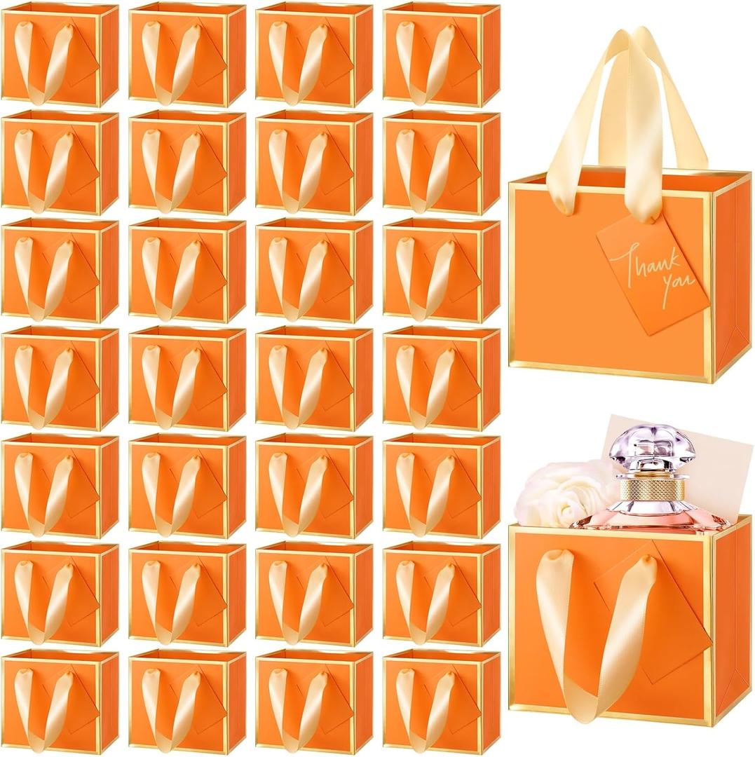 Yeaqee 50 Pcs Mini Metallic Paper Gift Bags with Handle 4x4.75x2.2'' Small Gift Bag DIY Tag Thank You Party Favor for Mother's Day Wedding Graduation Baby Shower Birthday Jewelry (Orange,Gold)